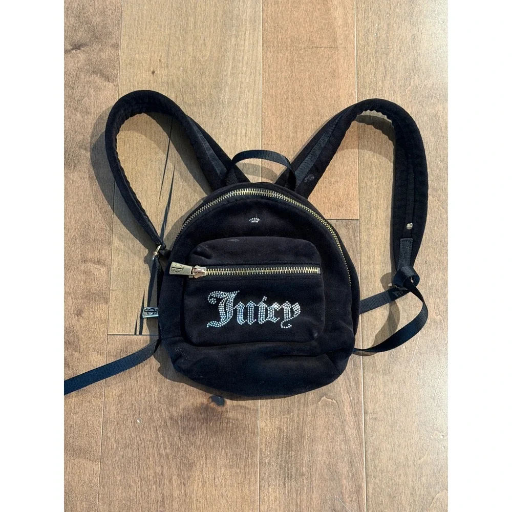 Juicy Couture Obsession Backpack Black Velvet Rhinestone Gold Hardware